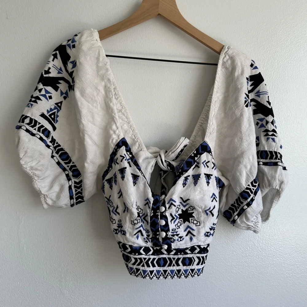 Anthropologie White Embroidered Cropped Peasant Top with Blue and Black Accents